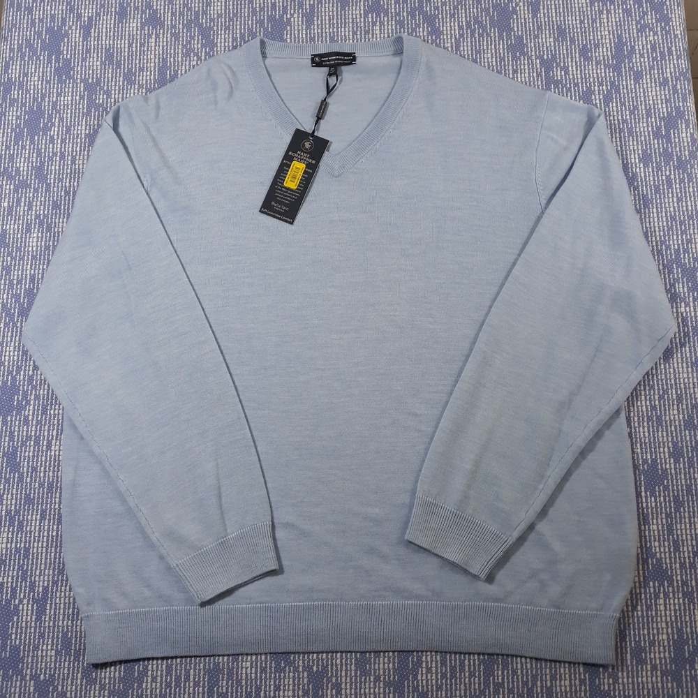 Hart Schaffner Marx Merino Wool Sweater Mens 2XL V-Neck Pullover Light Blue NEW